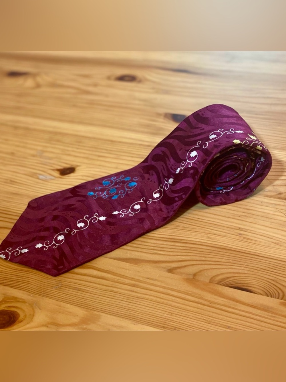 Vintage 1960's Van Heusen Burgundy Tie with Blue and Cream Floral Vine Accents
